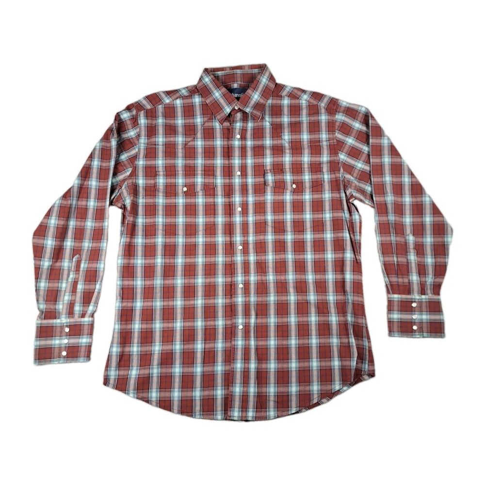 Wrangler Pearl Snap Shirt Mens L Red Plaid Longsleeve Pockets
